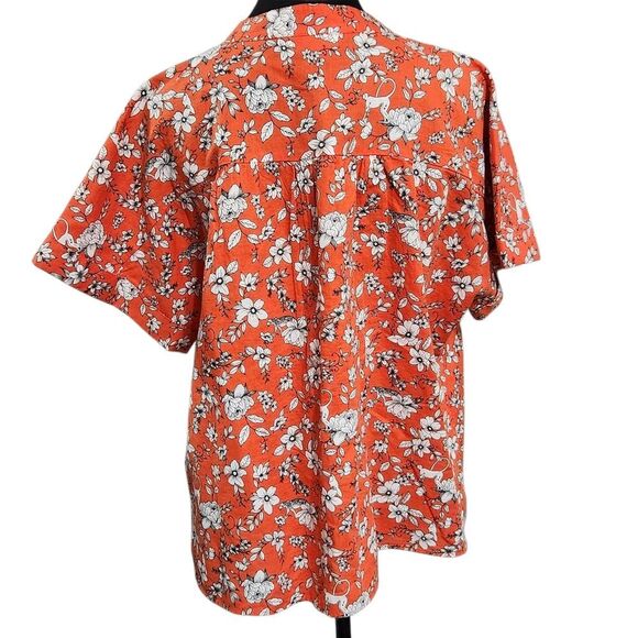 Charter Club Linen Blouse XL Orange Floral Blend Front Tie Cottagecore - Picture 10 of 10